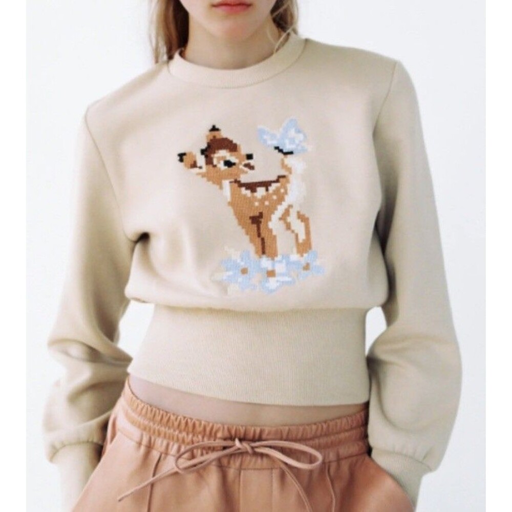 Zara/Disney Classics Bambi Sweatshirt Tan Cropped Ribbed Waistband Women Large